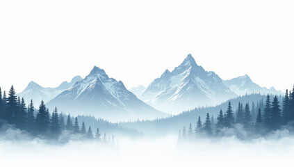 Obraz premium Mountains in the fog with sparse forests on a white background
