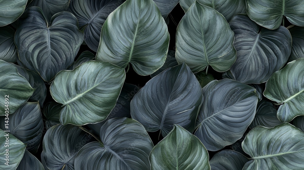 Poster close up of green leaves with a dark background. the leaves are large and have a glossy texture. con