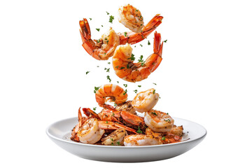 falling or floated Broiled Seafood falling into a plate isolated on transparent background png