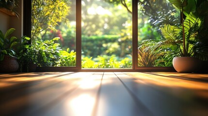 Tranquil indoor space with a view of a lush garden bathed in morning sunlight. Wooden floor reflecting the warm glow