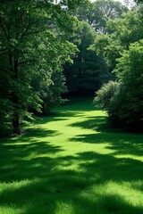 Obraz premium arafed view of a green field with trees and grass