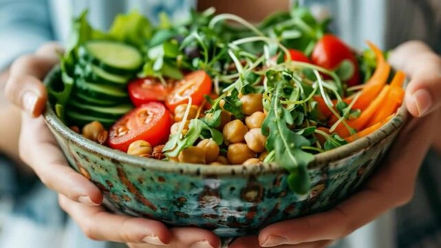 Video with colorful salad in hand, perfect for cooking blogs, healthy eating ads, food and health related social media.
