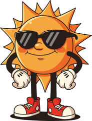 A cartoon sun character wearing sunglasses and red shoes standing on a white background smiling