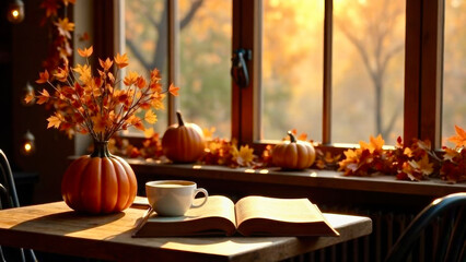 Cup of coffee and open book on the table next to a vase of flowers. Autumn holiday concept.