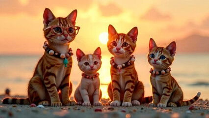 Family of cats against the background of a beautiful sunset and the sea. Travel and tourism concept.