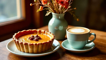 Cup of coffee and pumpkin pie on the table next to a vase of flowers. Autumn holiday concept.