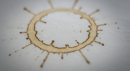 Coffee Stain Ring Forming Unique Pattern With Radial Lines On White Surface