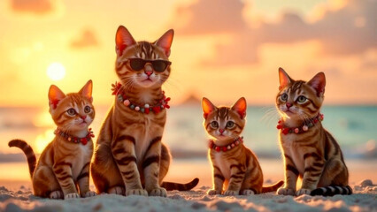 Photoshoot of a family of cats at sea. Tourism and recreation concept.