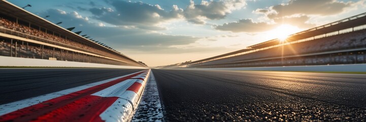 Low-angle racetrack view with striped markings, grandstands, sunlight and cloudy sky, immersive racing atmosphere


