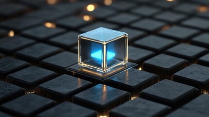 Futuristic Transparent Cube with Glowing Blue Light