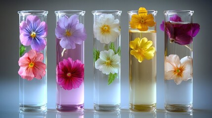 Colorful flowers in test tubes