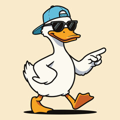 A cartoon duck wearing a blue baseball cap and sunglasses walking and pointing to the right side