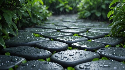 Rain-kissed pathway through lush greenery