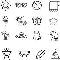 Summer Beach Essentials Icons Set - Line Art Style