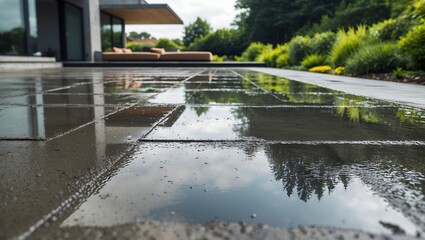 Reflective wet concrete terrace with modern house and garden