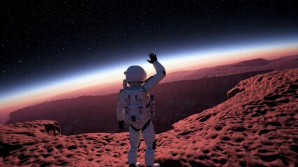 Astronaut waves goodbye to distant earth from martian terrain at starry dawn