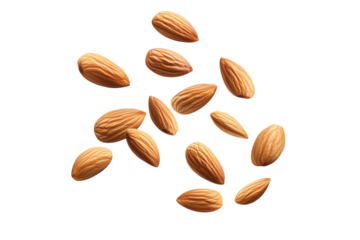 flying almond nuts isolated on transparent background