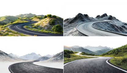 Set of curved mountain roads with scenic views, isolated on transparent cutout background