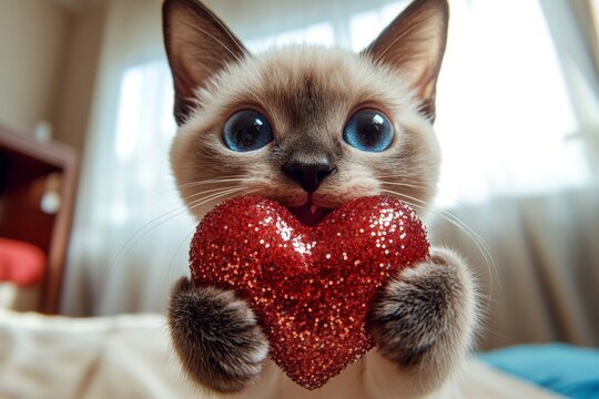 Digital ads domestic animal conceptual art. Singapura - my treasured cat, symbol of care. Cute singapura feline infant with sparkling rhinestones red heart at cozy abode. Romantic cat image.