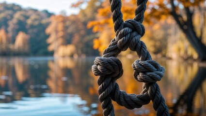 Obraz premium Rope swing silhouette against autumn reflections