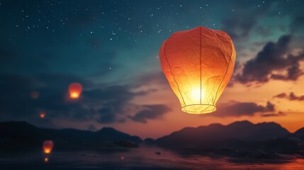 Mystical Floating Gemstone in Starry Night Sky Over Majestic Mountains
