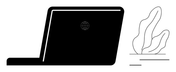 Open laptop beside abstract plant motif, promoting sustainability, balance, and technology. Ideal for workspace, remote work, eco-friendly design, digital tools, web concepts productivity simple