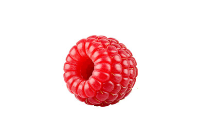 A single raspberry with a hollow center on a black background showing its texture and vibrant color