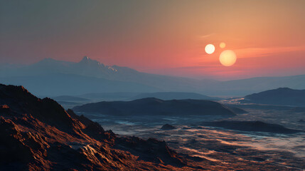 Fototapeta premium Landscape with majestic mountains and dual celestial suns creates otherworldly and serene atmosphere