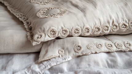 Obraz premium Beige embroidered pillows with closeup.