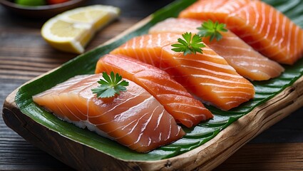 Sashimi salmon delight on rustic wooden platter
