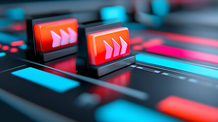 Abstract Video Editing Interface with Glowing Red and Blue Buttons