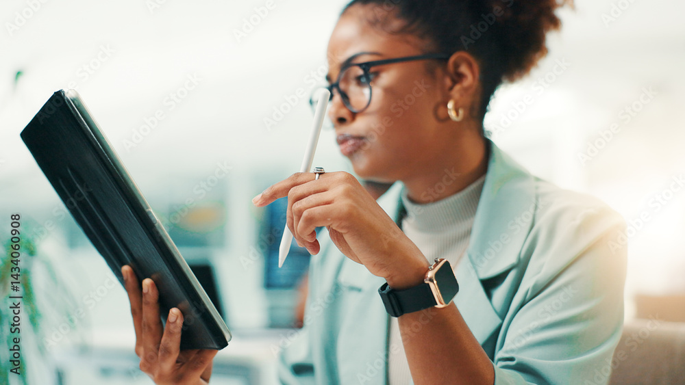 Fototapete Tablet, stylus and woman in office with notes for web development, update or reading software review. Network, coding and programmer on digital app with pen, thinking and UX design at tech agency