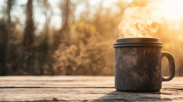 Warm coffee mug on rustic table at sunrise outdoor scene with steam rising capturing morning serenity and comfort