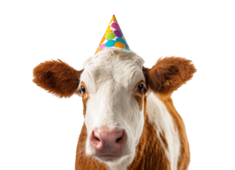 Happy cow celebrating birthday with colorful party hat on a transparent background, cut out