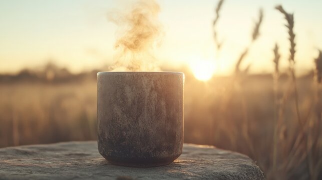 Enjoying a warm cup of coffee at sunrise beautiful field landscape nature tranquil atmosphere serene viewpoint morning ritual