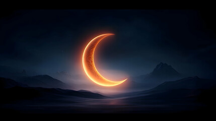 Fototapeta premium Glowing Crescent Moon Over Dark Mountain Landscape