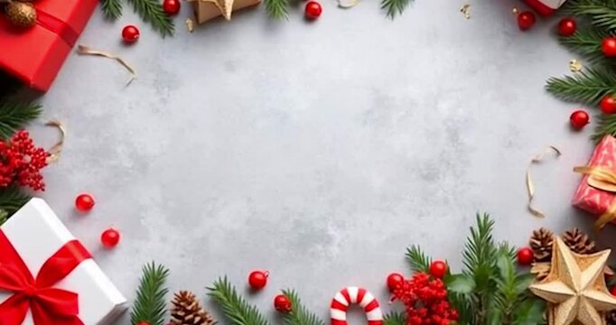 Holiday-themed flat lay with red and white wrapped presents, pine cones, holly berries, and festive decor arranged on a light grey stone backdrop, leaving space for text a perfect Christmas background