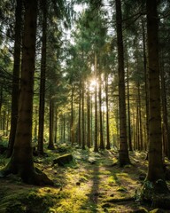 Naklejka premium Sunlight filtering through tall trees in a dense forest creating a serene and peaceful atmosphere with vibrant green moss and a natural woodland setting at dawn