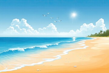 Seascape with sandy beach, ocean waves, flying birds, cloudscape and bright sunny day