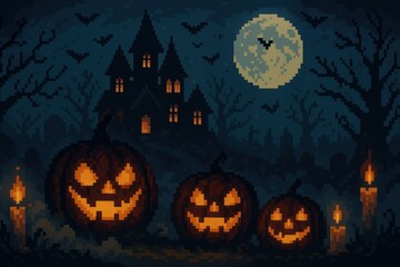 Fototapeta premium Spooky Halloween Night in Pixel Art with Glowing Pumpkins and Haunted Castle
