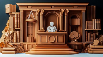 Judge standing in courtroom with law books and scales detailed in artistic paper cutout justice illustration
