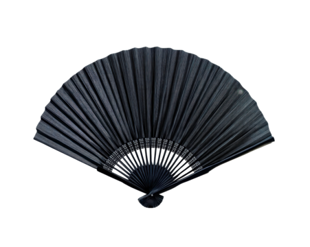 Elegant black folding fan for summer events and decorations on a transparent background, cut out