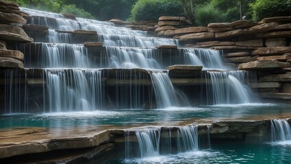 Serene cascading waterfalls flowing into tranquil pool