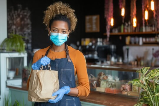 African American female cafe worker wearing face mask and gloves, holding takeaway food bag, standing in a coffee shop, offering takeout. - Powered by Adobe