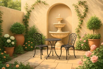 Obraz premium Romantic Mediterranean-style garden patio with a stone fountain, wrought iron chairs, and lush flowers. Peaceful space for outdoor relaxation and summer mornings.