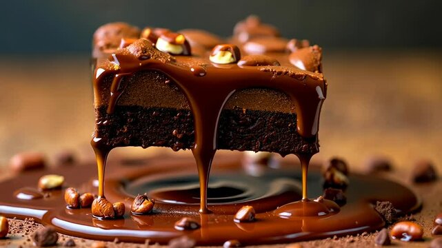 Fudge Brownie, chocolate dessert, decadent treat. Sweet indulgence. Fudge melts with chocolate richness. Hazelnuts add crunchy texture enhancement. Cocoa aroma fills any room.