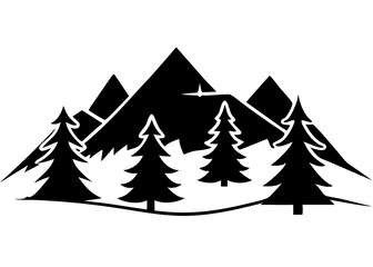 Obraz premium Creative Black Silhouette of Mountains and Fir Trees | Camping Adventure Wildlife Landscape Icon Vector Illustration