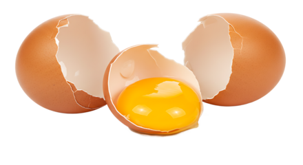 A close up of a cracked egg with the yolk visible and shell pieces around it on a black background