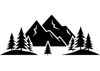 Obraz premium Creative Black Silhouette of Mountains and Fir Trees | Camping Adventure Wildlife Landscape Icon Vector Illustration