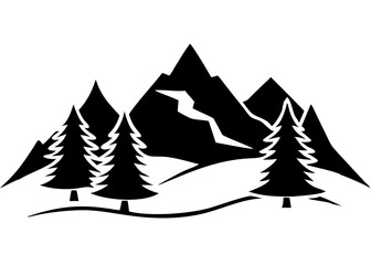 Obraz premium Creative Black Silhouette of Mountains and Fir Trees | Camping Adventure Wildlife Landscape Icon Vector Illustration